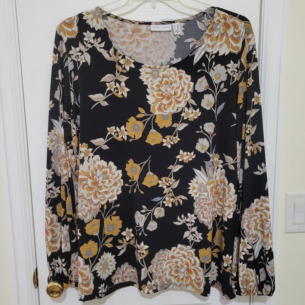 Susan Graver Liquid Knit Floral Long Sleeve Top Black Yellow 2X Blouse